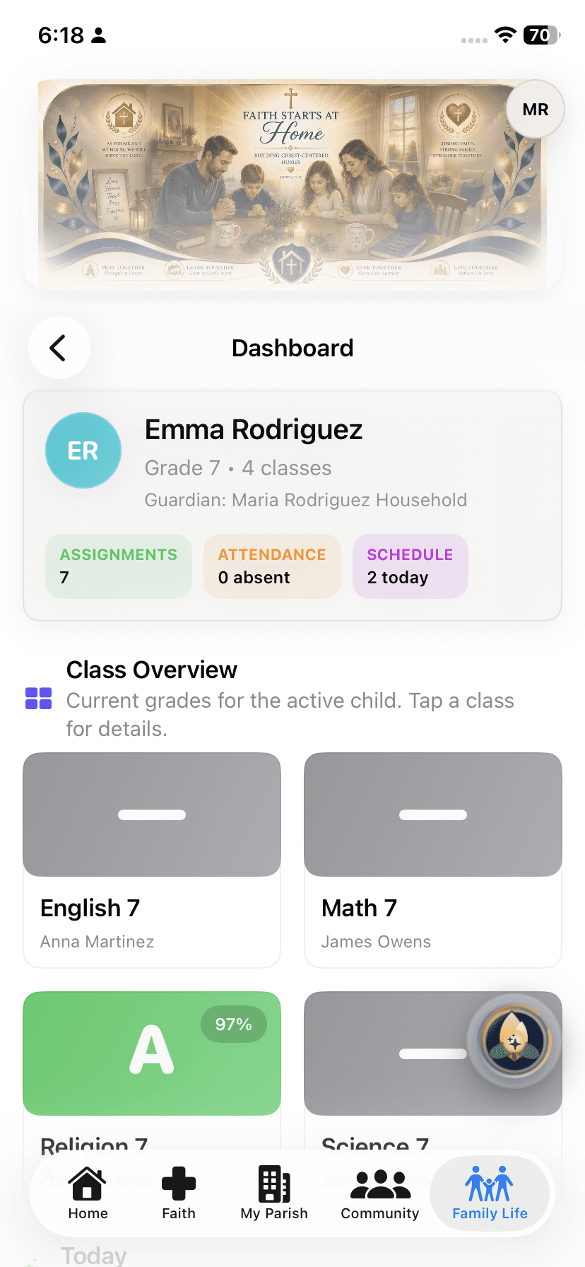 Family school dashboard with a fictional student and guardian, demo assignment and attendance counts, and class-grade cards.