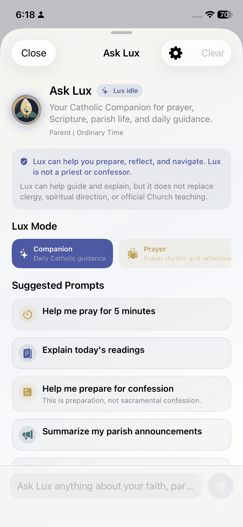 Ask Lux mobile entry screen with companion and prayer modes, suggested prompts, and a notice that Lux does not replace clergy or Church teaching.