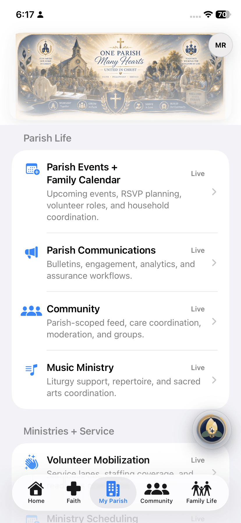 My Parish mobile navigation showing parish events and family calendar, communications, community, and music ministry entries.