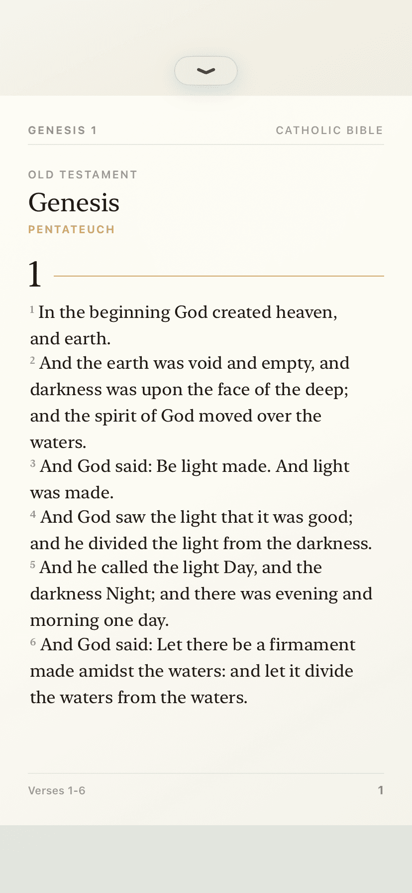 CatholicCompanionOS mobile Bible reader displaying Genesis chapter one, verse numbers, and reading-page navigation.